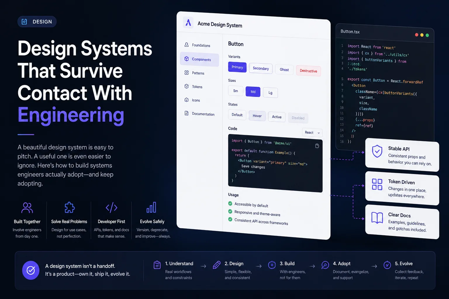 A design system component library shown next to its matching production code