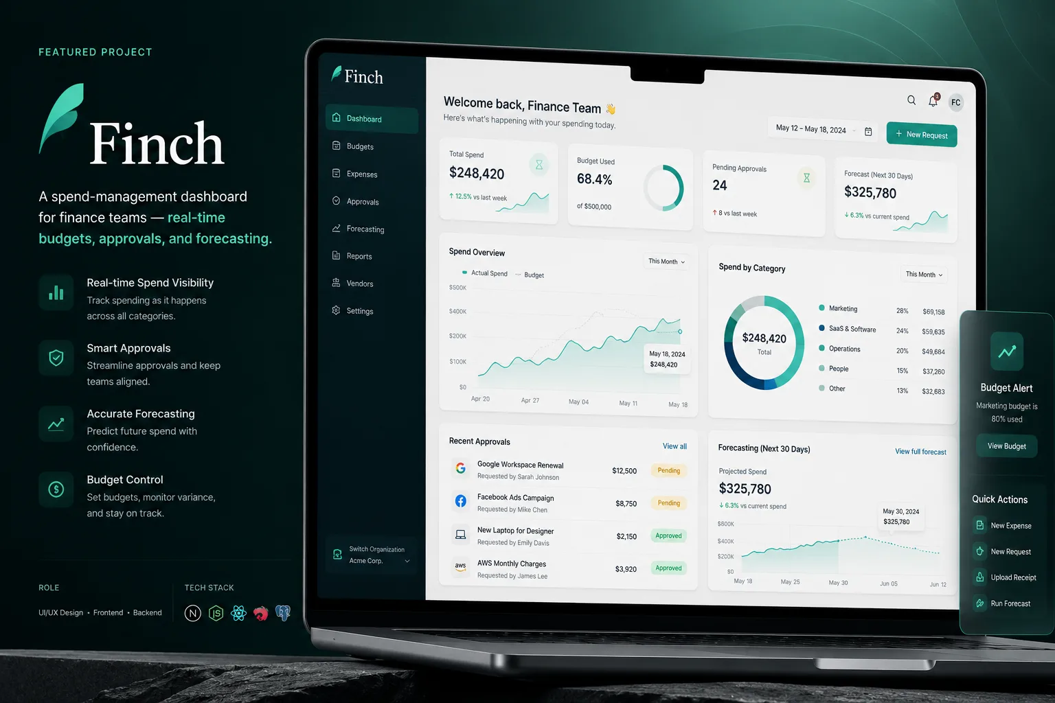 Finch spend-management dashboard showing real-time budget tracking, spend by category, and pending approval requests