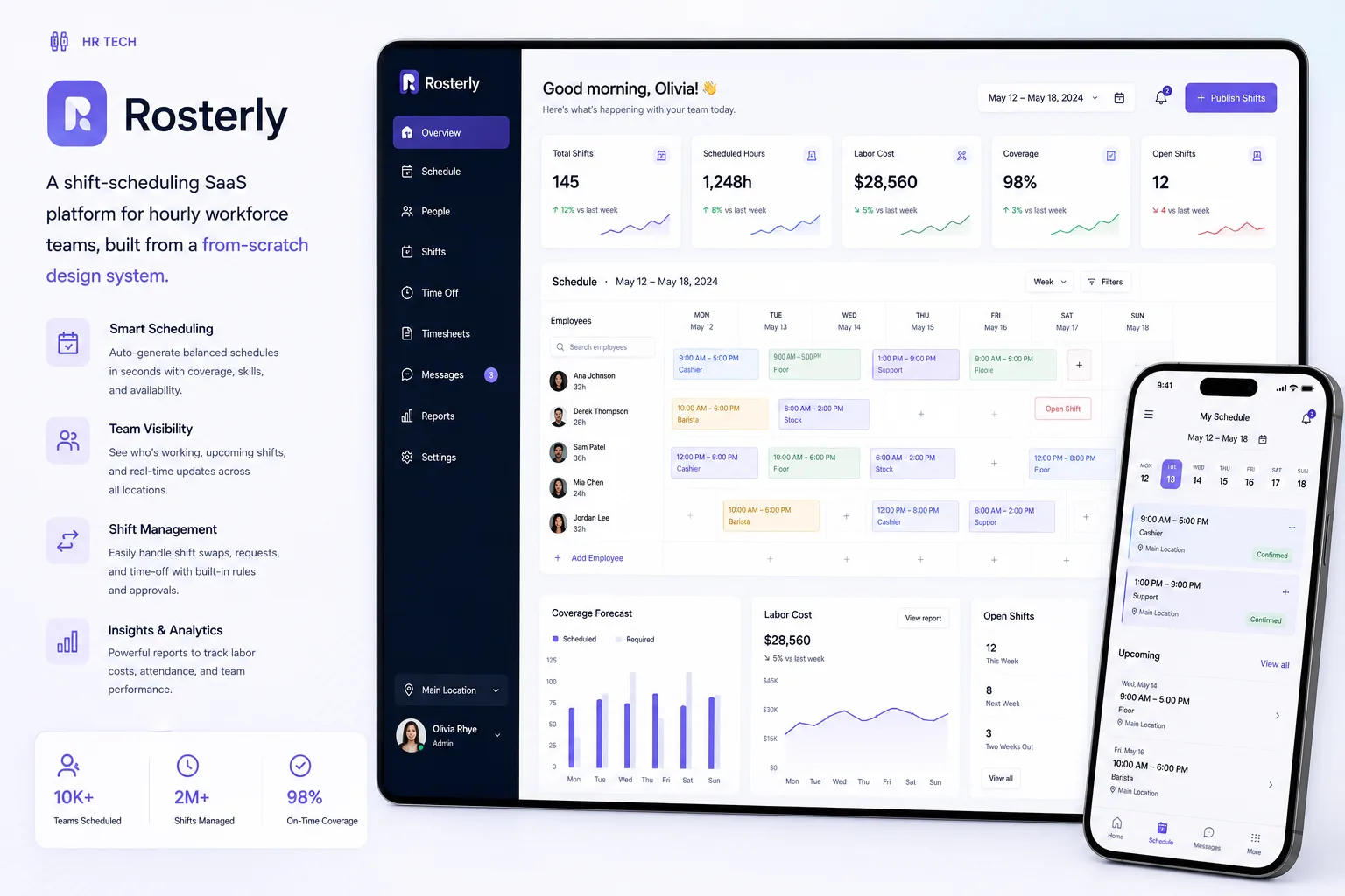 Rosterly shift-scheduling dashboard showing the weekly staff schedule, labor cost, and shift coverage