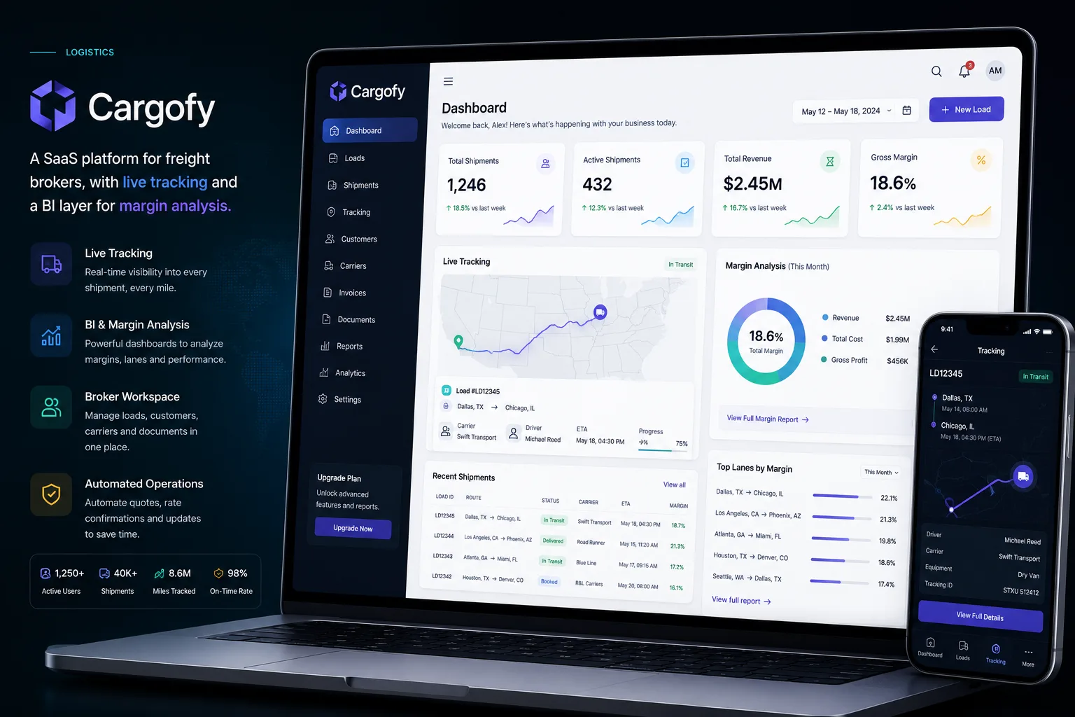 Cargofy freight broker dashboard showing a live shipment tracking map and real-time margin analysis